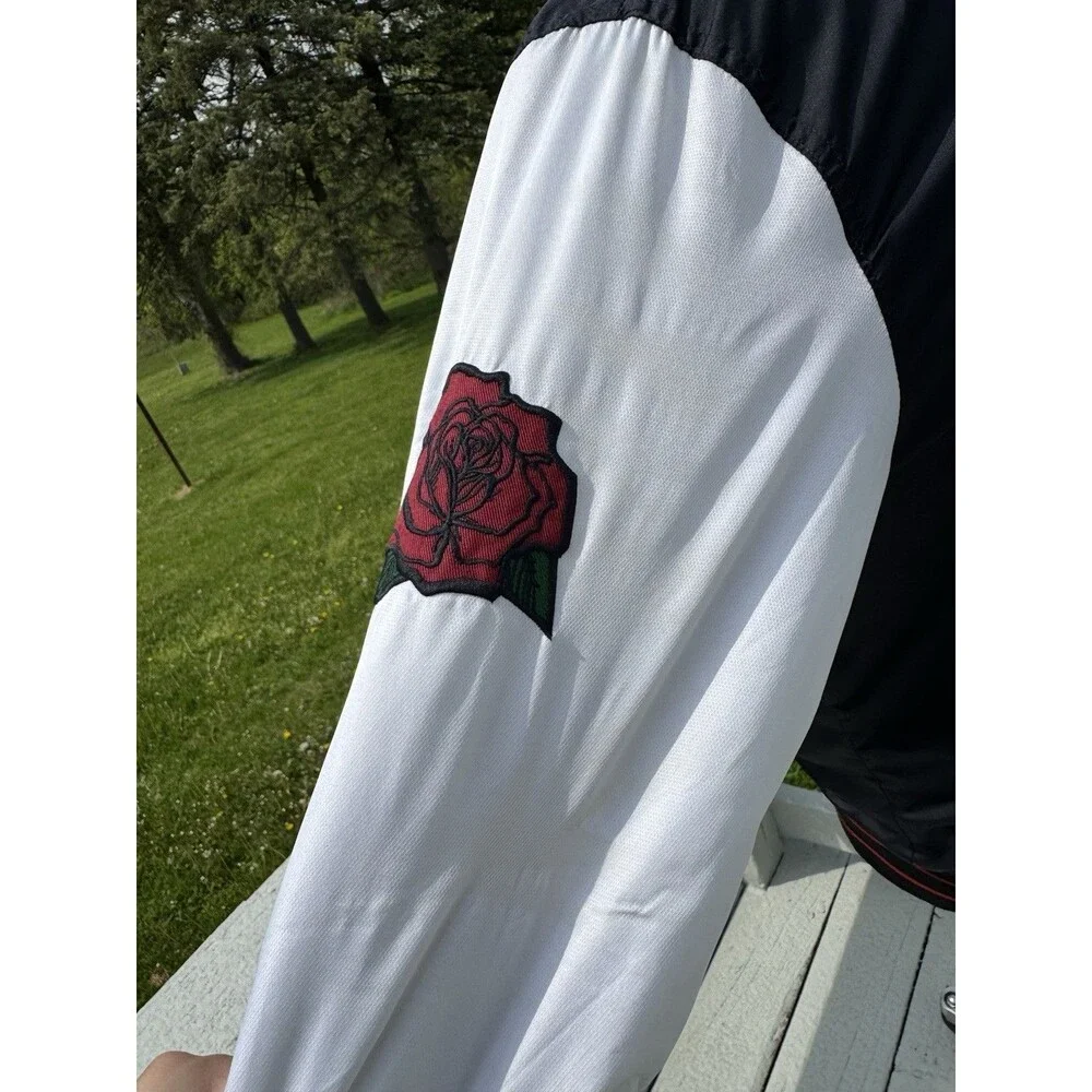 Hollister Varsity Jacket Small Black White Bomber LA Sherpa Lined Rose Patch